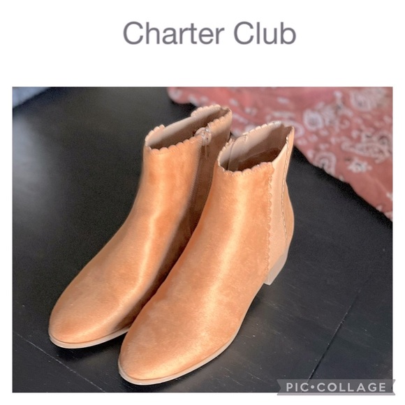 NEW CHARTER CLUB DAXI SCALLOPED ANKLE BOOTS CAMEL - Picture 1 of 7
